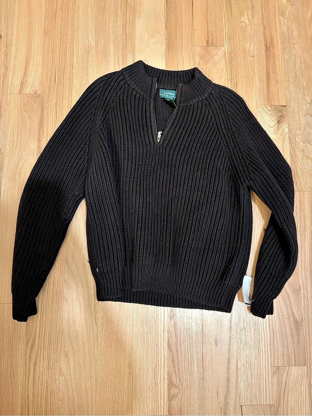 Lauren Ralph Lauren Petite Ribbed Cotton Quarter Zip Sweater Black Large